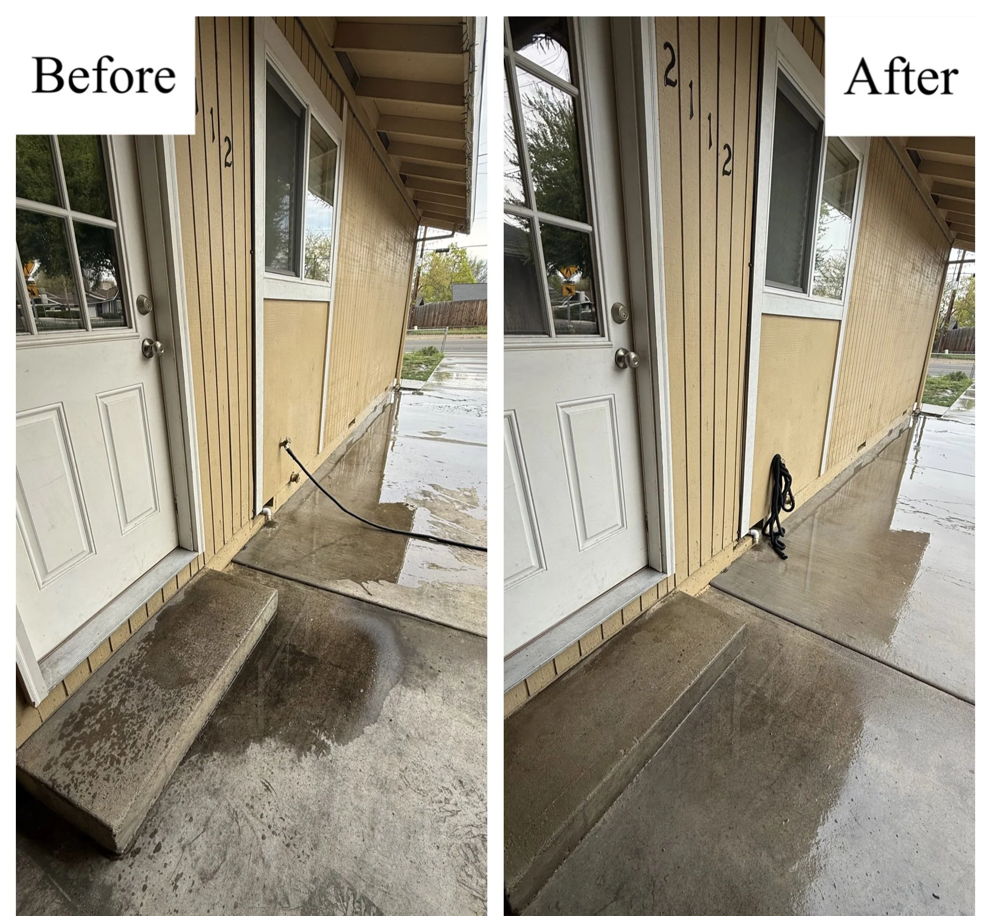 Comparison of the front porch area before and after cleaning, showing wet and clean concrete steps and surface.