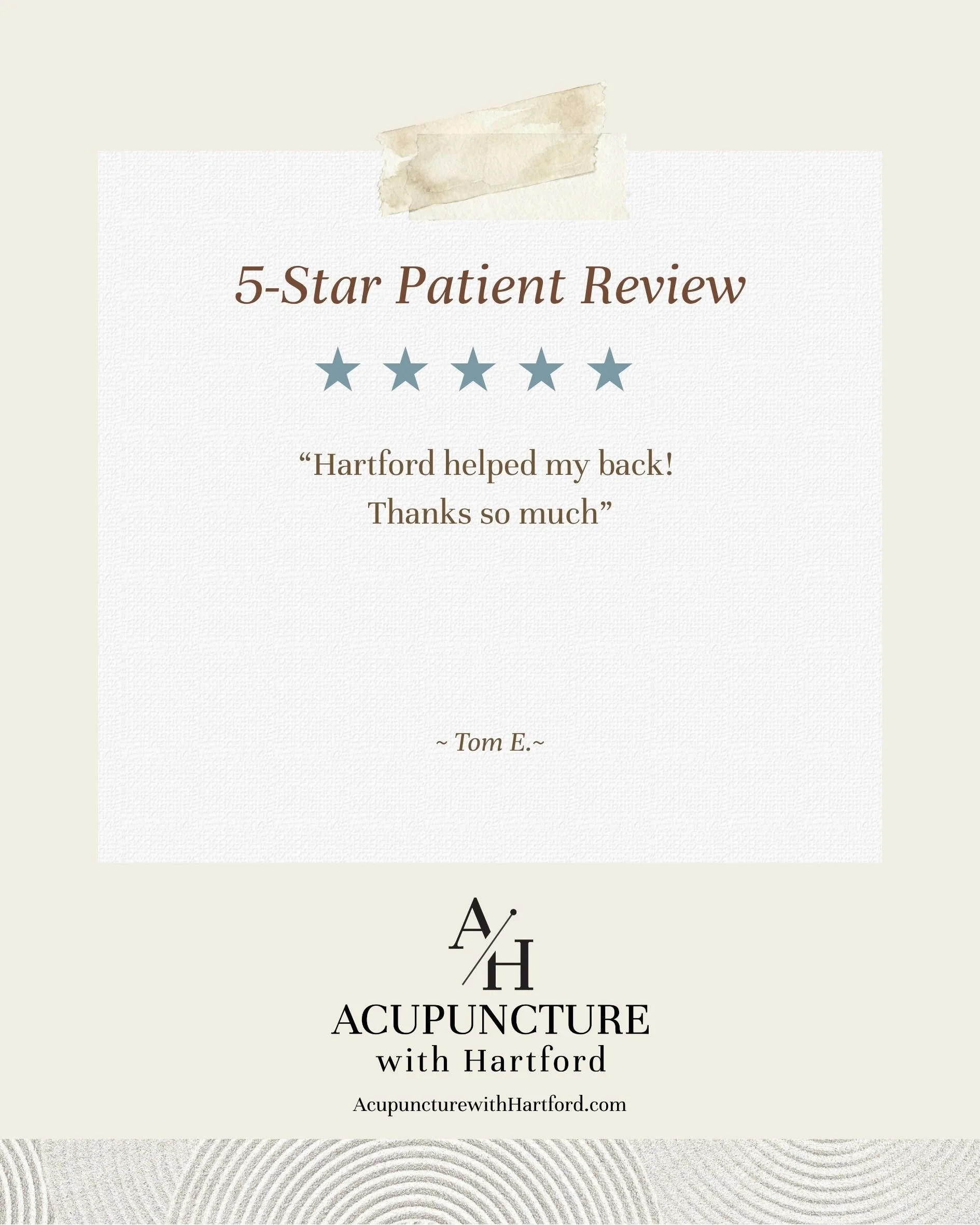 "Thank you Hartford. I have been receiving acupuncture treatment from Hartford for chronic pain. Each session gives me great relief. I look forward to my next 