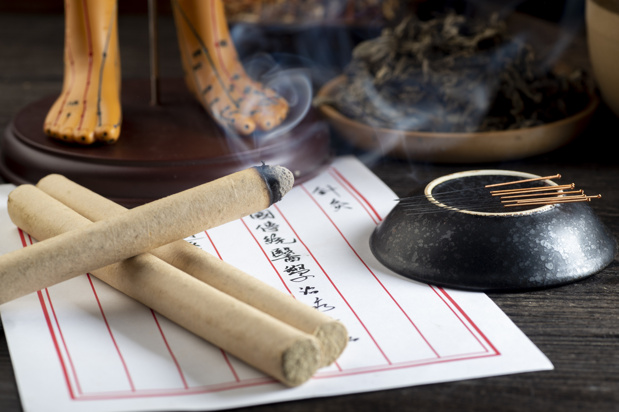 Three smoldering sticks of incense placed on a white paper with red lines and Chinese characters, surrounded by incense holders with incense sticks and a Buddha statue in the background.