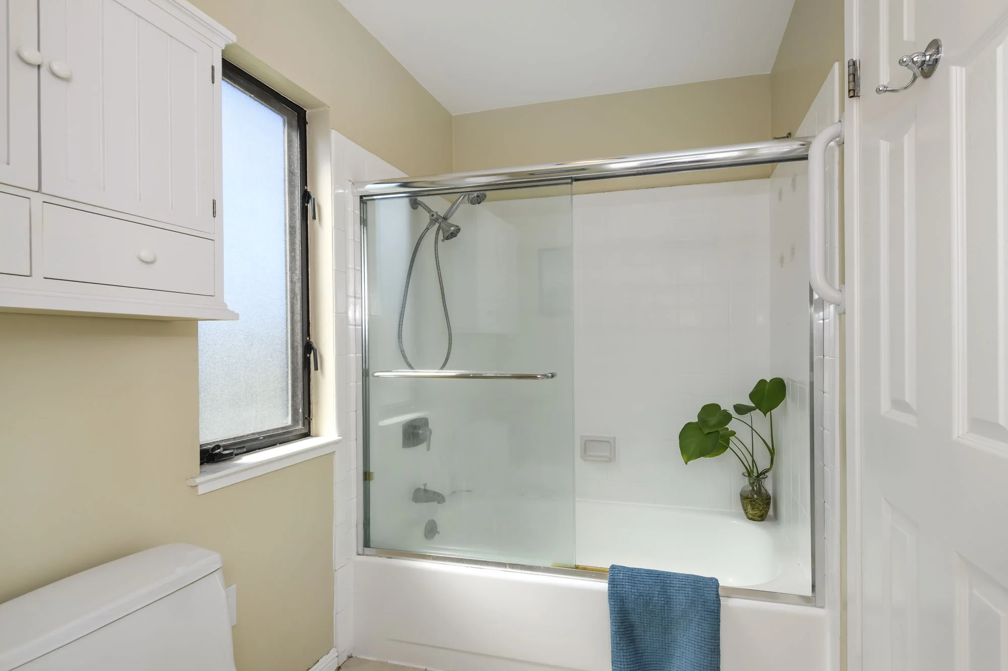 Bathroom with a glass-enclosed shower, white walls, a small window, a white cabinet, a potted plant, and a blue towel hanging on the shower door