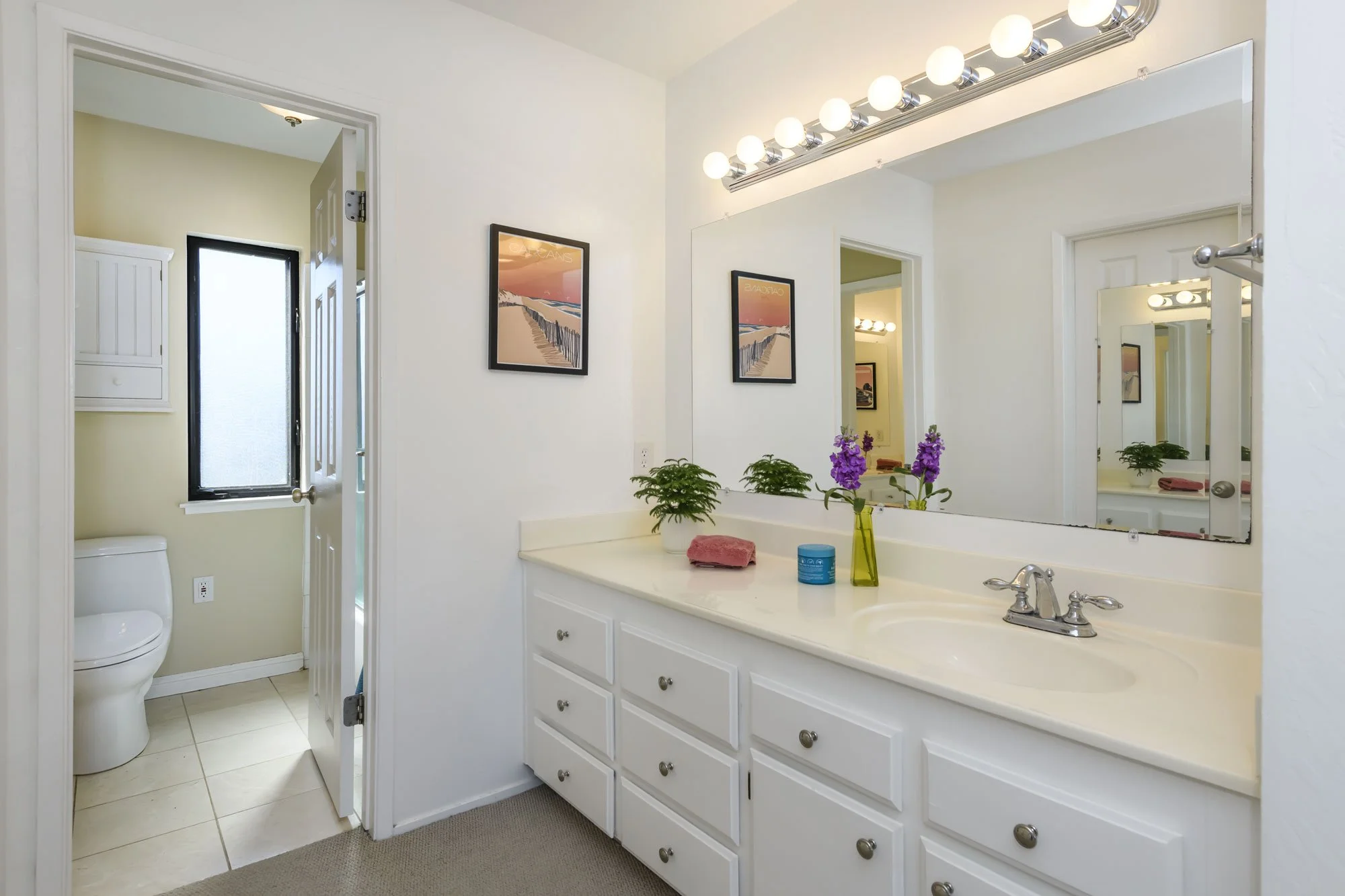 Bathroom with white vanity, large mirror, purple flowers in a vase, framed artwork, and lights above. There is a separate toilet area visible through an open door.