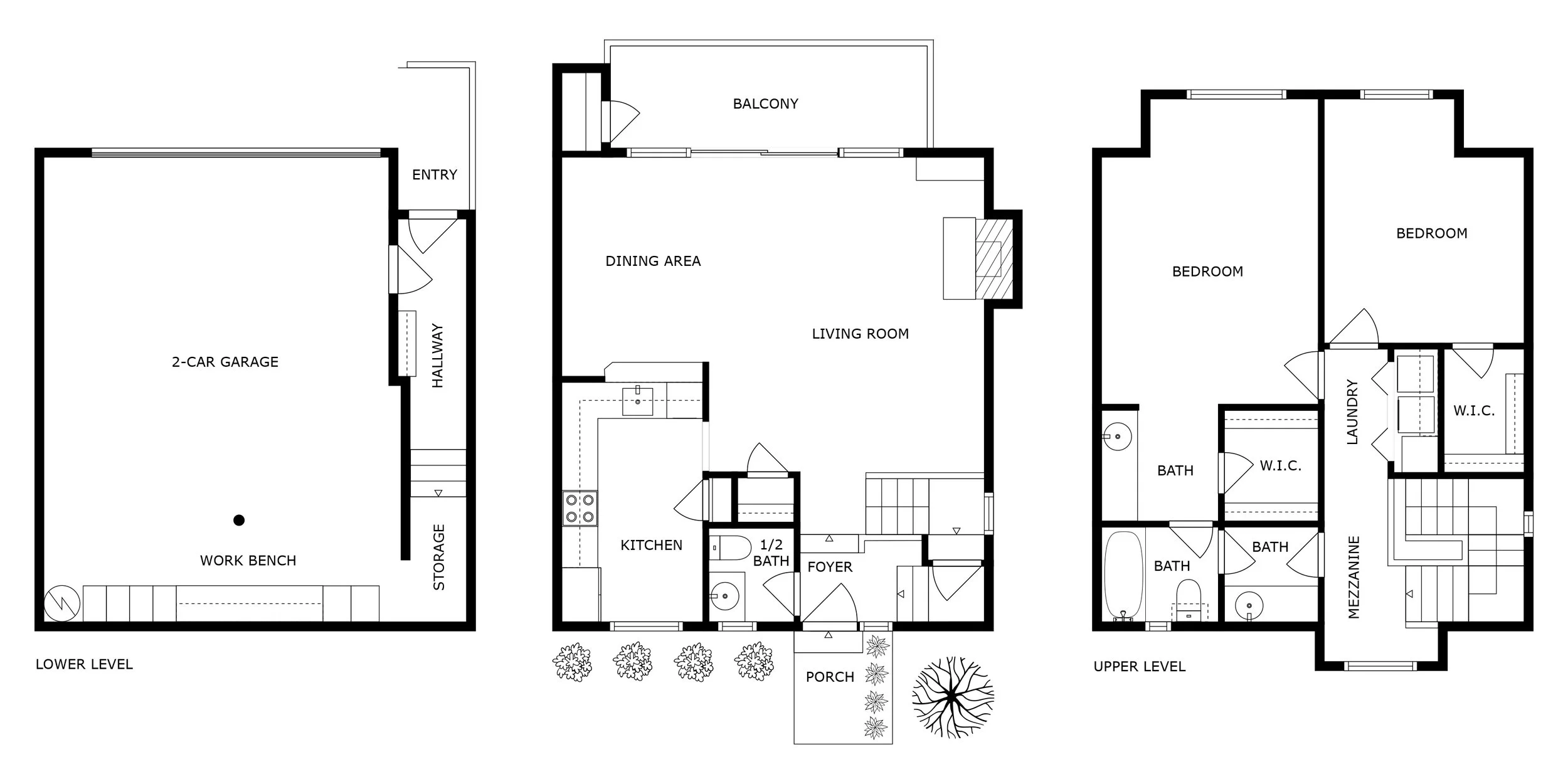 Floor plan of a three-level house. The lower level has a 2-car garage, storage, workspace, and staircase. The middle level includes a porch, entry, foyer, half bathroom, kitchen, dining area, living room, and balcony. The upper level features four bedrooms, three bathrooms, a laundry room, two walk-in closets, and a mezzanine area.