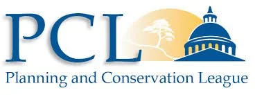 Logo of Planning and Conservation League with a blue dome, a tree, and a yellow sun in the background.