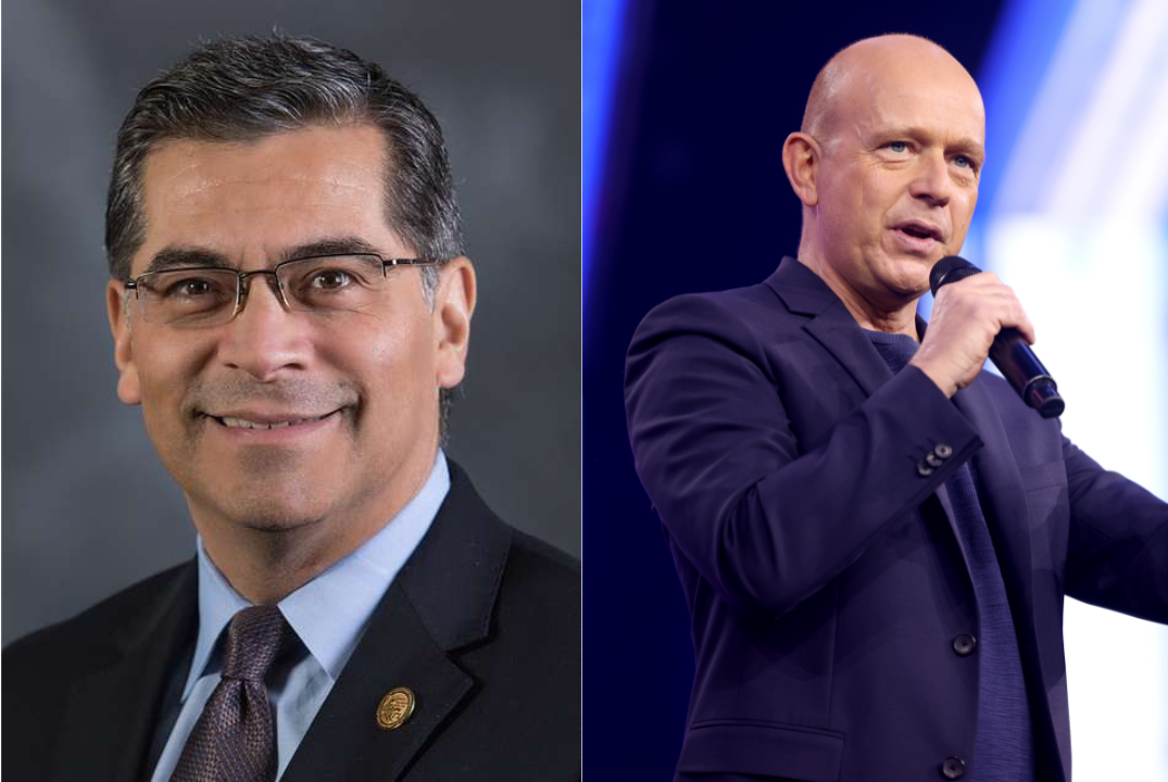 image shows a split screen with California gubernatorial candidate Xavier Becerra on the left and candidate Steve Hilton on the right