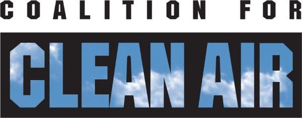 Text stating 'Coalition for Clean Air' with a blue background and bold black and white letters.