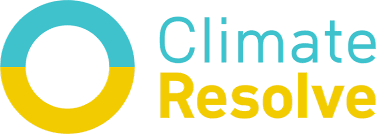 Logo for Climate Resolve featuring a circular graphic with blue, white, and yellow segments and the text 'Climate Resolve'