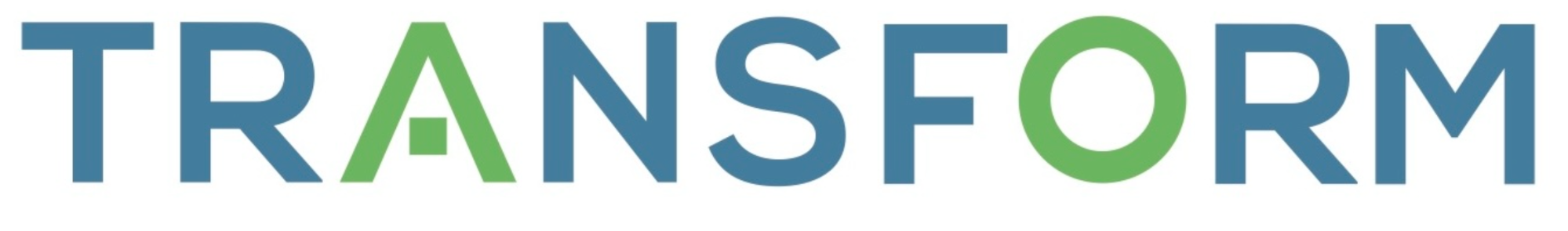 The word 'TRANSFORM' with alternating blue and green letters.