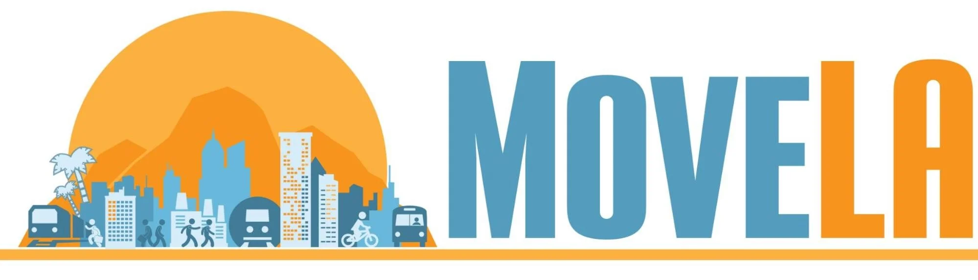 Illustration of a city skyline with mountains in the background, featuring buildings, trees, and various modes of transportation, alongside the text 'MOVE LA' in large blue and orange letters.