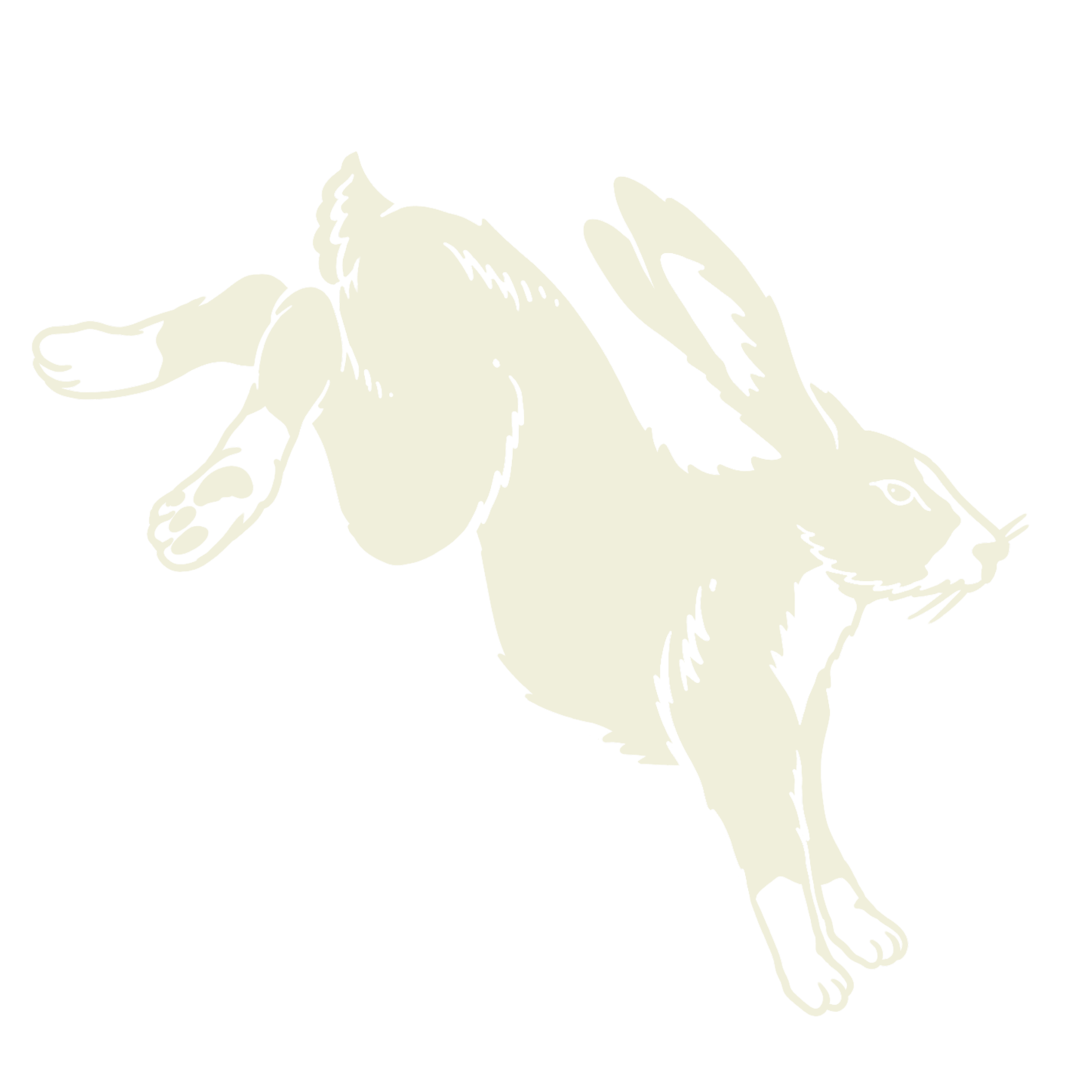 Illustration of a rabbit in mid-air with front paws raised, black and white color scheme.