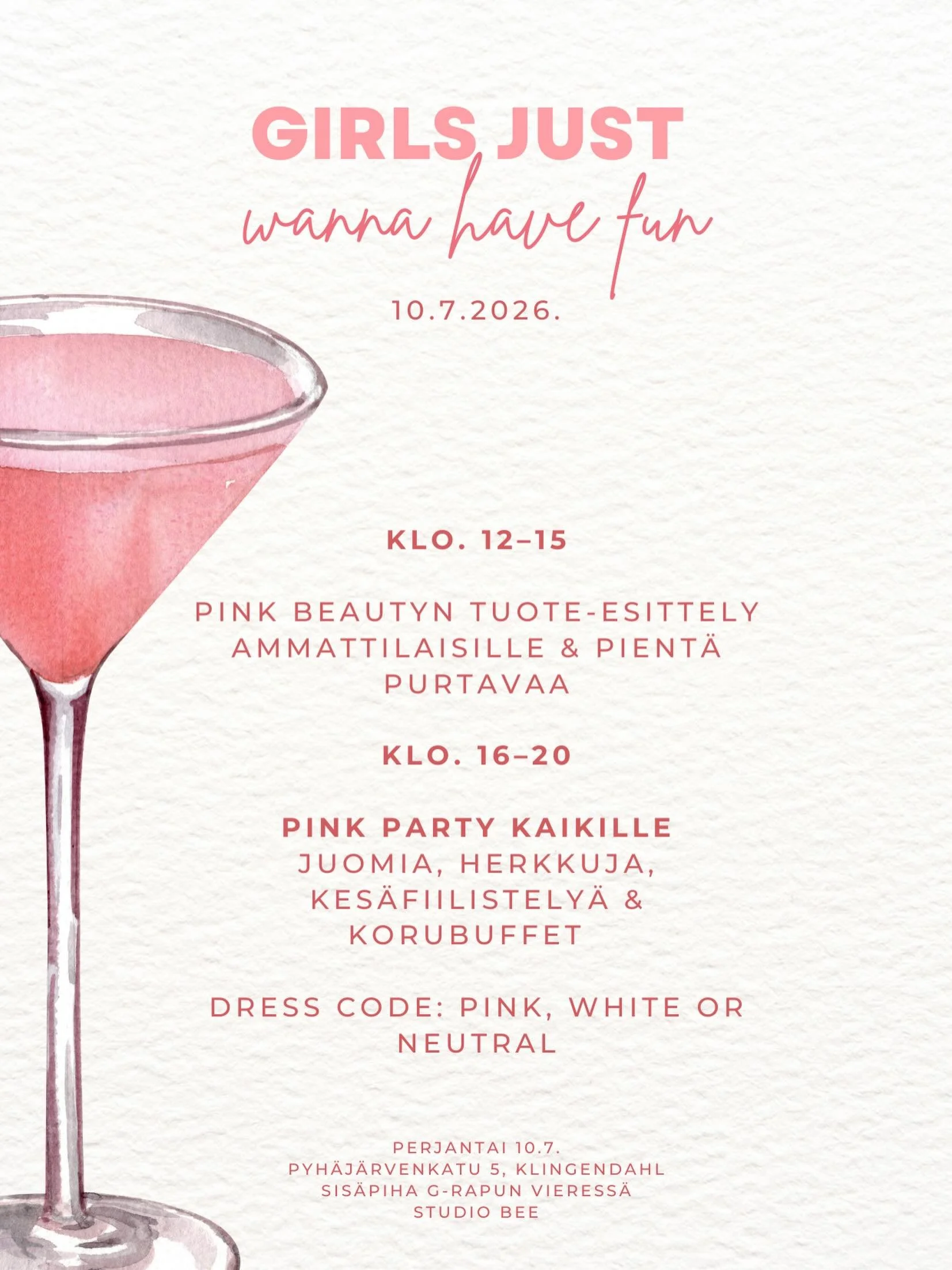10.7. Studio Bee t&auml;yttyy pinkist&auml;, herkuista, juomista ja ihanasta seurasta! 

Klo. 12&ndash;15 j&auml;rjest&auml;mme yhdess&auml; @pinkbeautyoy &amp; @minnilashes kanssa tuote-esittelyn kauneusalan ammattilaisille. Jos oot ripsiteknikko ta