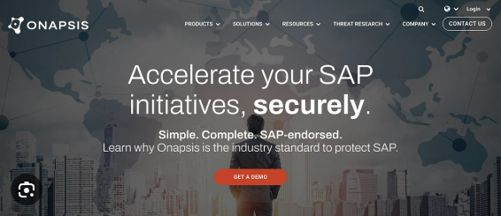 Onapsis website homepage with a map background, menu options at the top, and a central message about accelerating SAP initiatives securely, featuring a 'Get a Demo' button.