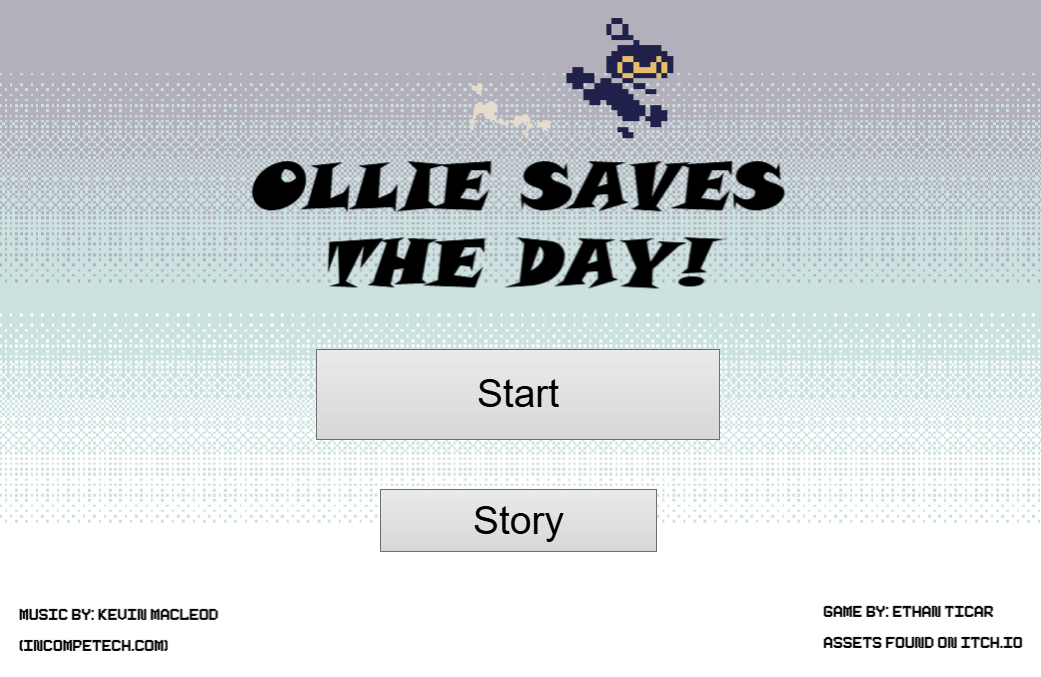 Title screen for a video game called 'Ollie Saves the Day!' featuring pixel art of a skateboarder and a dog flying through the sky, with options to start or view the story.