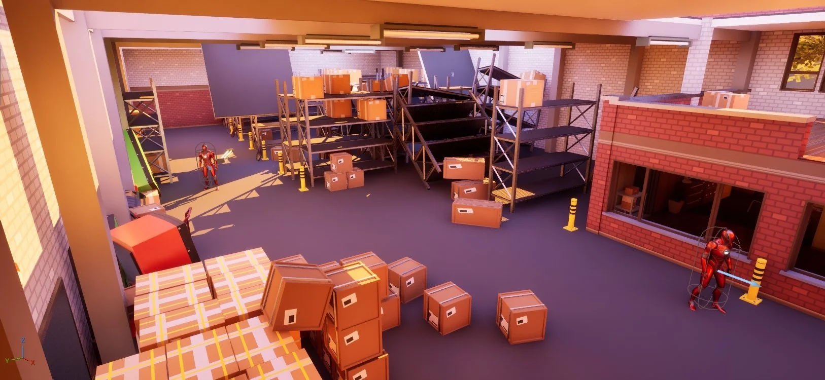 An interior loading dock area with metal shelves, stacked cardboard boxes, and two humanoid robots in red suits, one near the shelves and one outside near a brick wall.