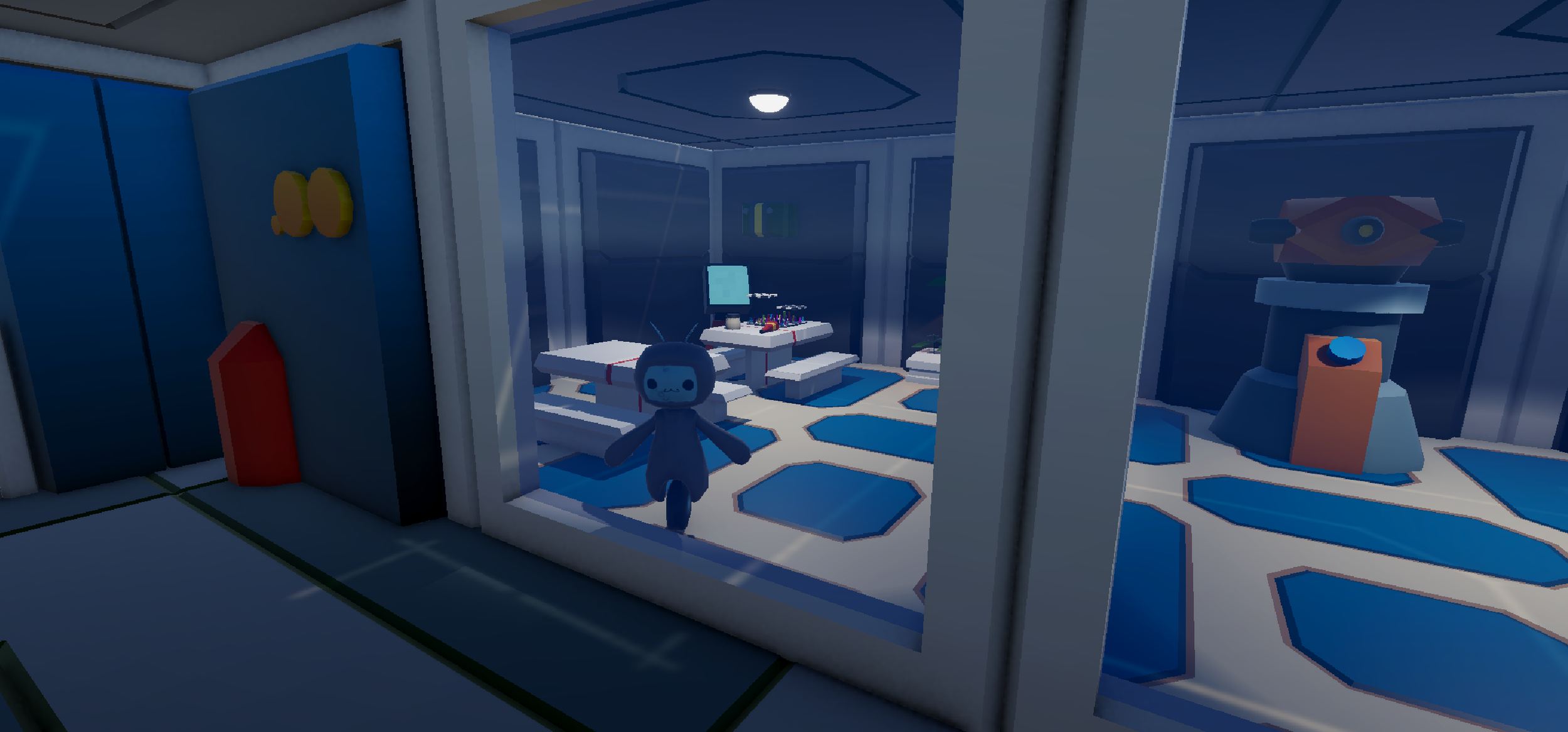 A digital illustration of a futuristic room with a small robot character in the foreground. The room contains a computer, scientific equipment, and robot parts, with blue and white hexagonal floor tiles and a lighting fixture on the ceiling.