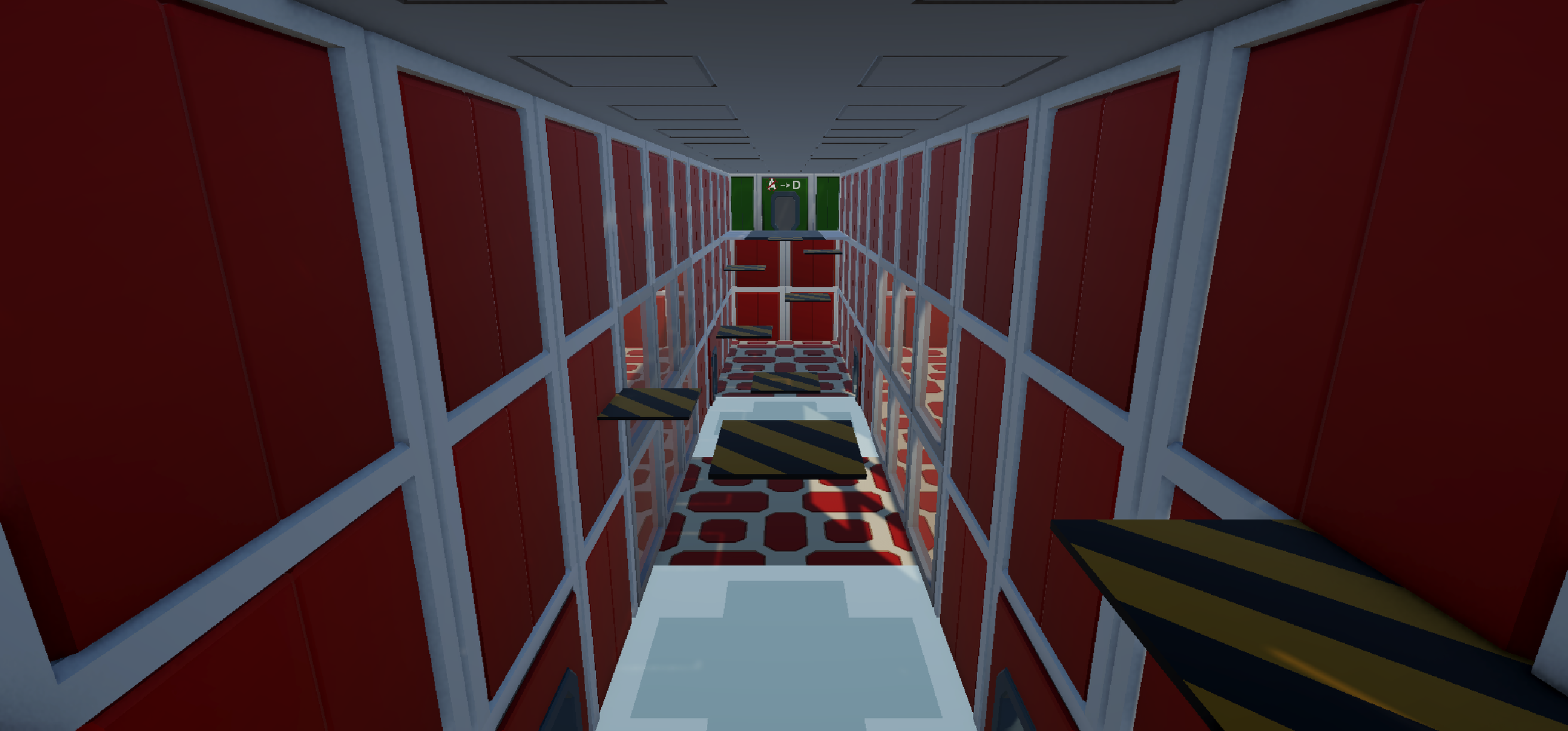 A corridor in a spaceship with red walls, a patterned floor, and corner seating. An emergency exit sign is visible at the end.