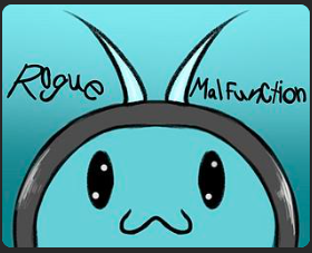Cartoon character of a blue alien with antennae, large eyes, and a small mouth, with the words 'Rogue Malfunction' written above.