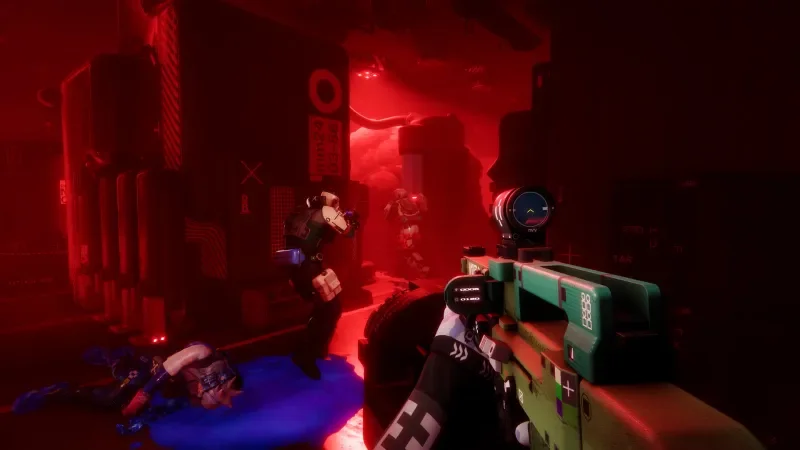 First-person view of a shooting scene in a video game with a futuristic setting, neon lighting, and armed characters, including a soldier taking cover and shooting.