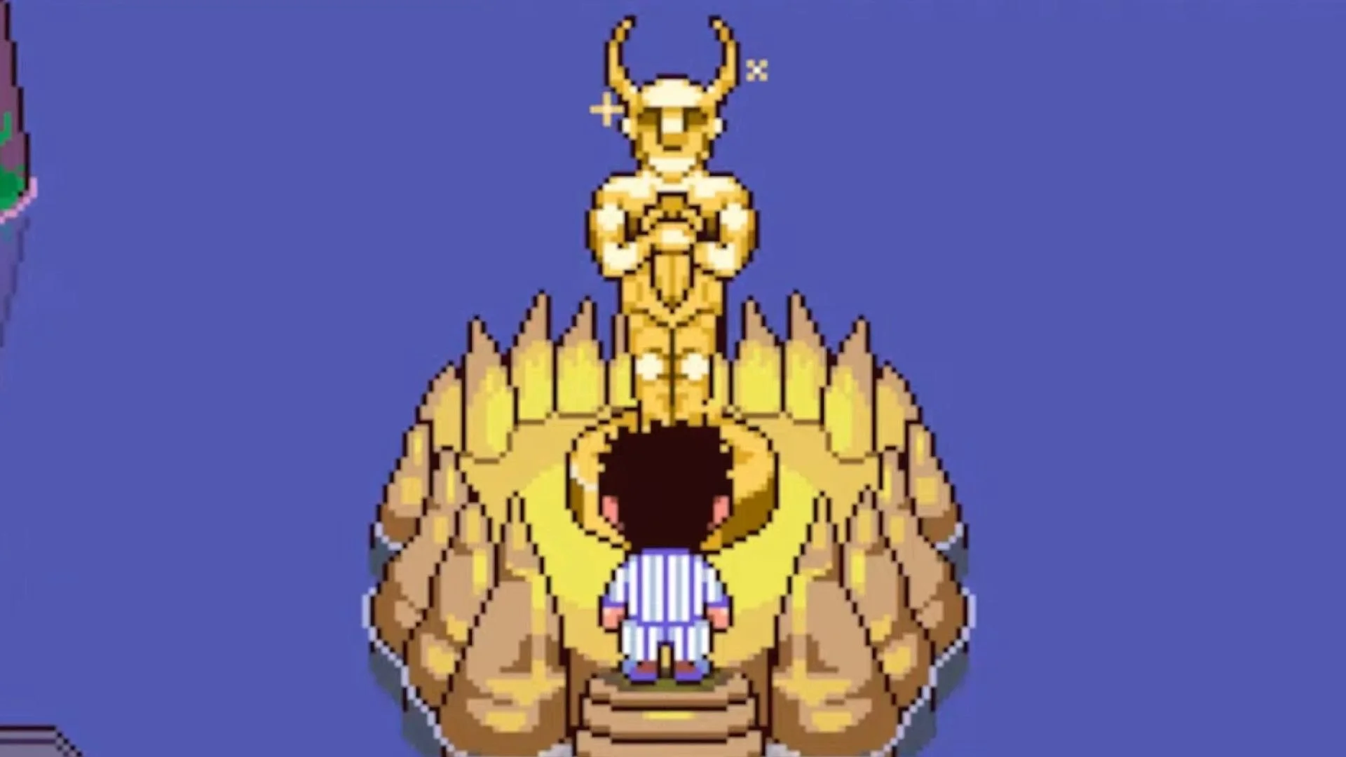 Pixel art image of a character in striped pajamas standing on steps before a large, circular, open-mouthed creature with spiky, yellowish-orange exterior and a smaller, armored figure with horns on top of the creature.