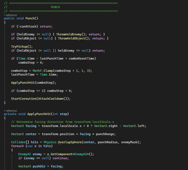 Screenshot of C# programming code for a Punch function, including attack logic, timing, and collision detection.