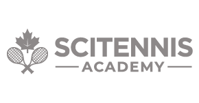 Logo for Scitennis Academy with a maple leaf, and two crossed tennis racquets.