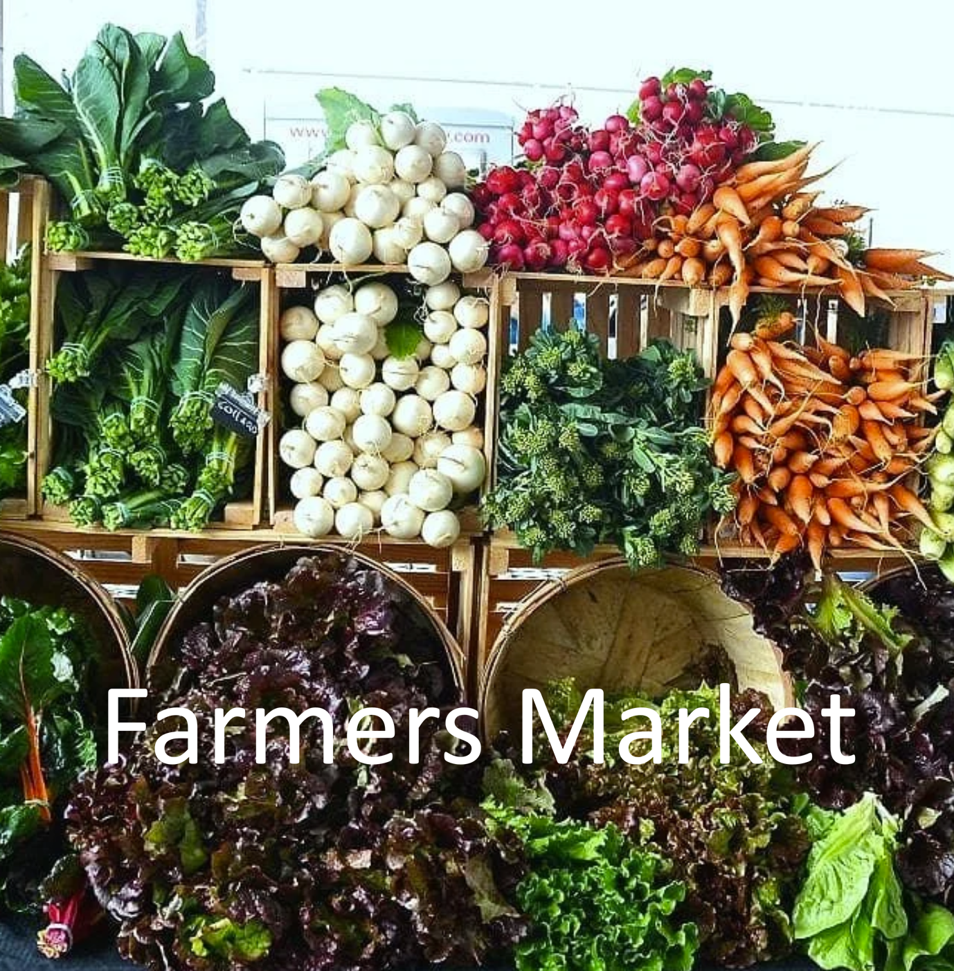 Display of fresh vegetables including bok choy, radishes, carrots, and leafy greens at a farmers market.