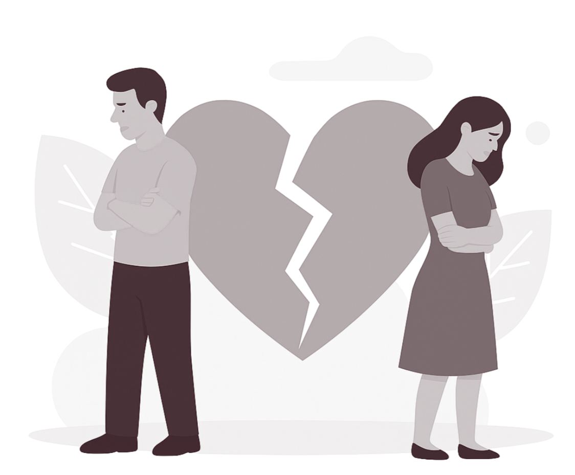 An illustration of a man and woman standing apart with a broken heart between them, both looking down with arms crossed, in a desaturated color palette.