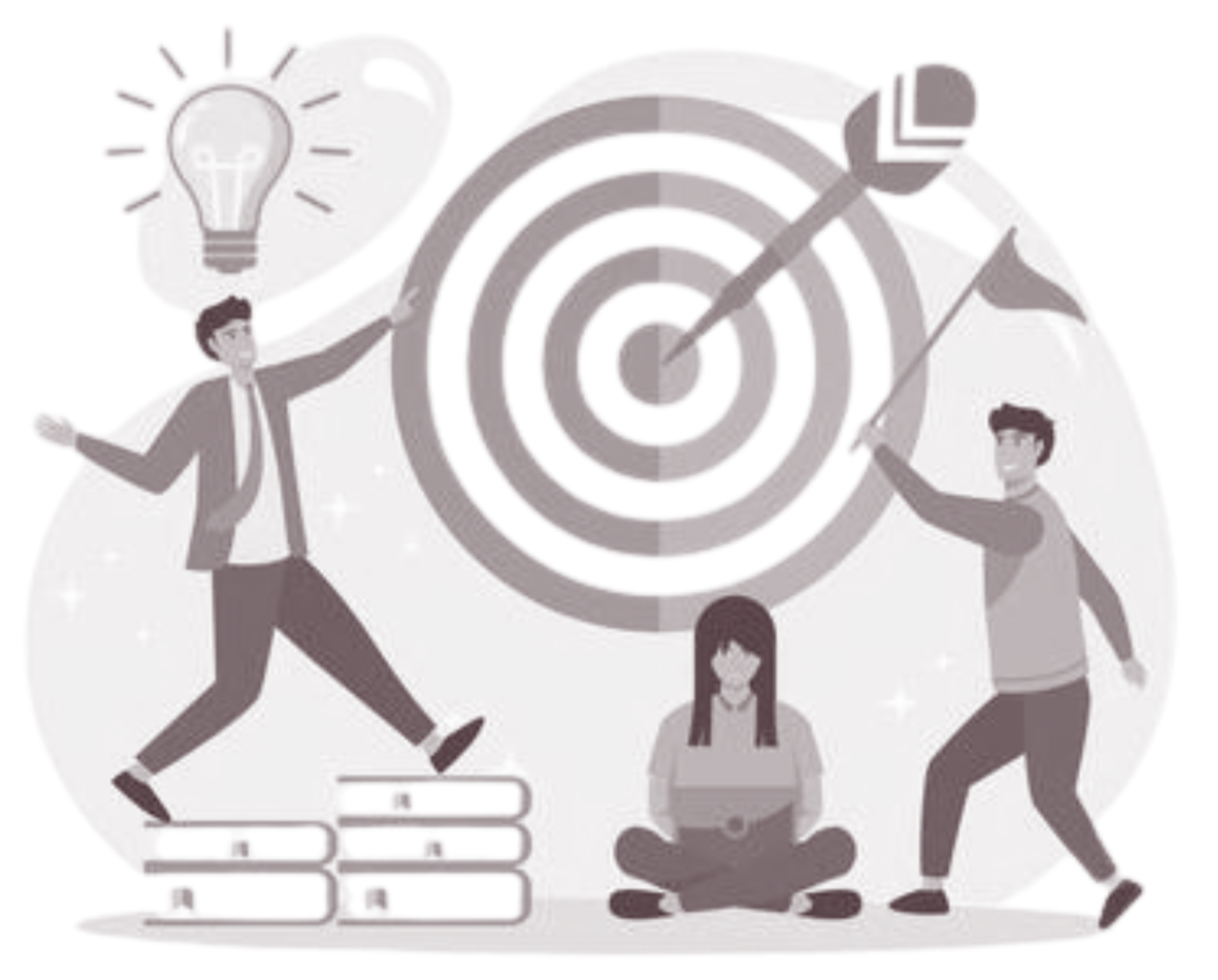 Three people working around a target with an arrow hitting the bullseye, one person with a lightbulb above their head, and a girl sitting cross-legged with a laptop.