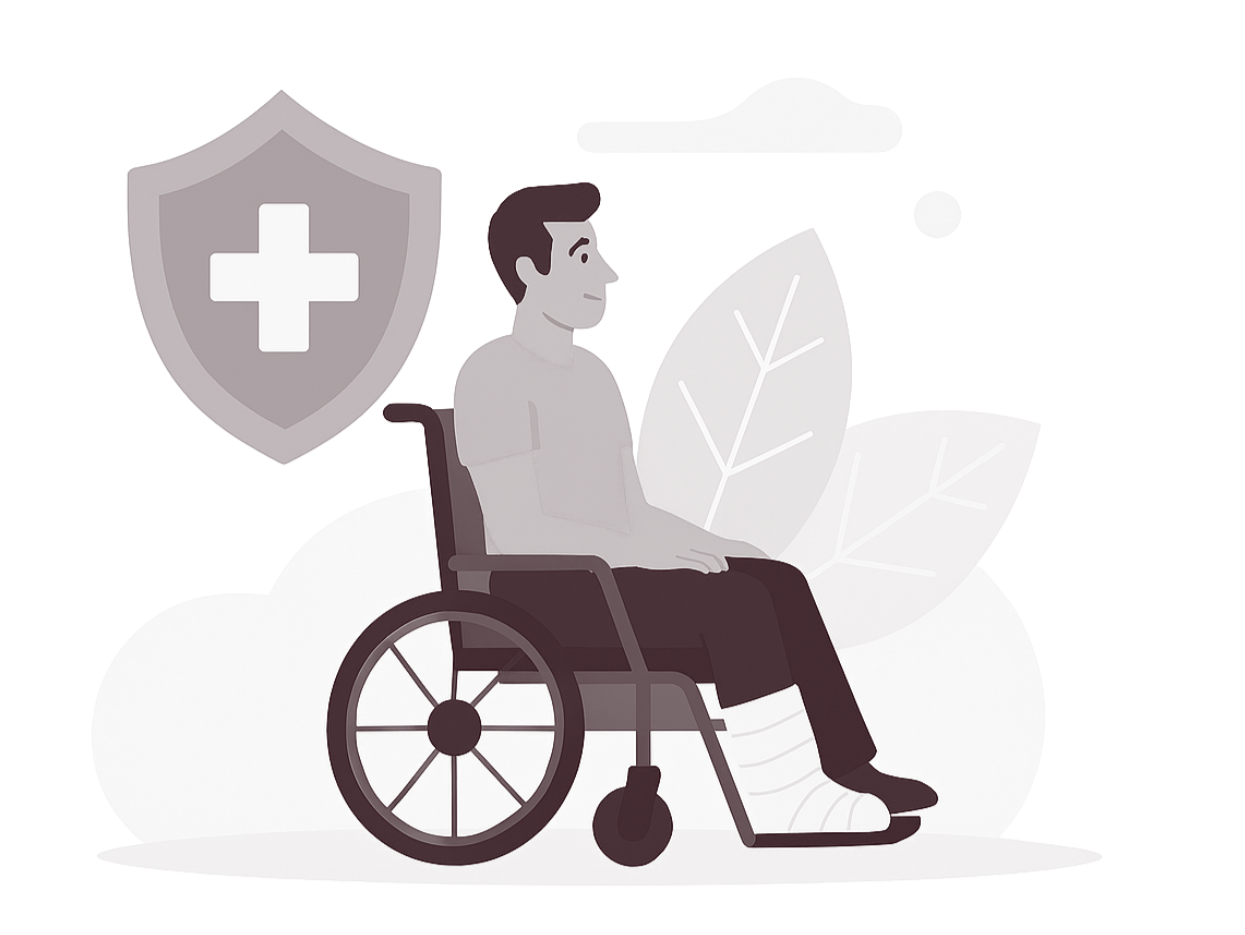 Illustration of a man in a wheelchair with a cast on his leg, outdoors with leaves and clouds, and a shield with a medical cross