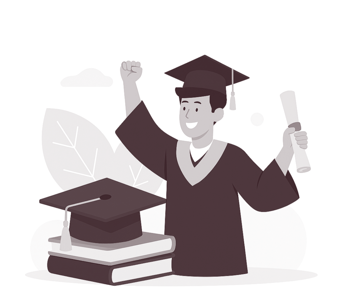 A cartoon illustration of a graduate in cap and gown celebrating with a fist pump, holding a diploma, with a graduation cap on books.
