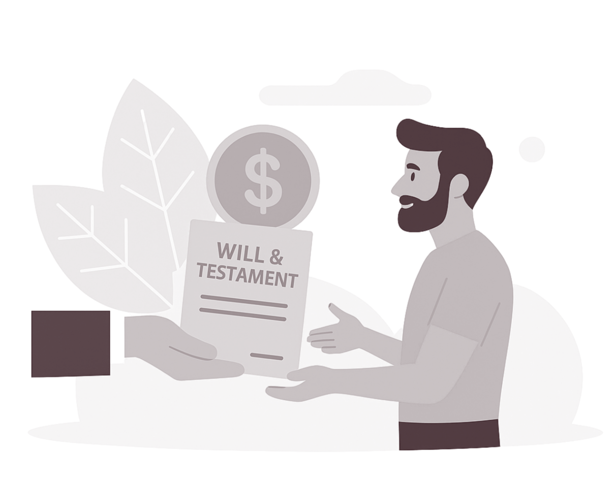 A man with a beard accepting a document titled 'Will & Testament' in front of a dollar sign, leaf, and clouds in a grayscale illustration.