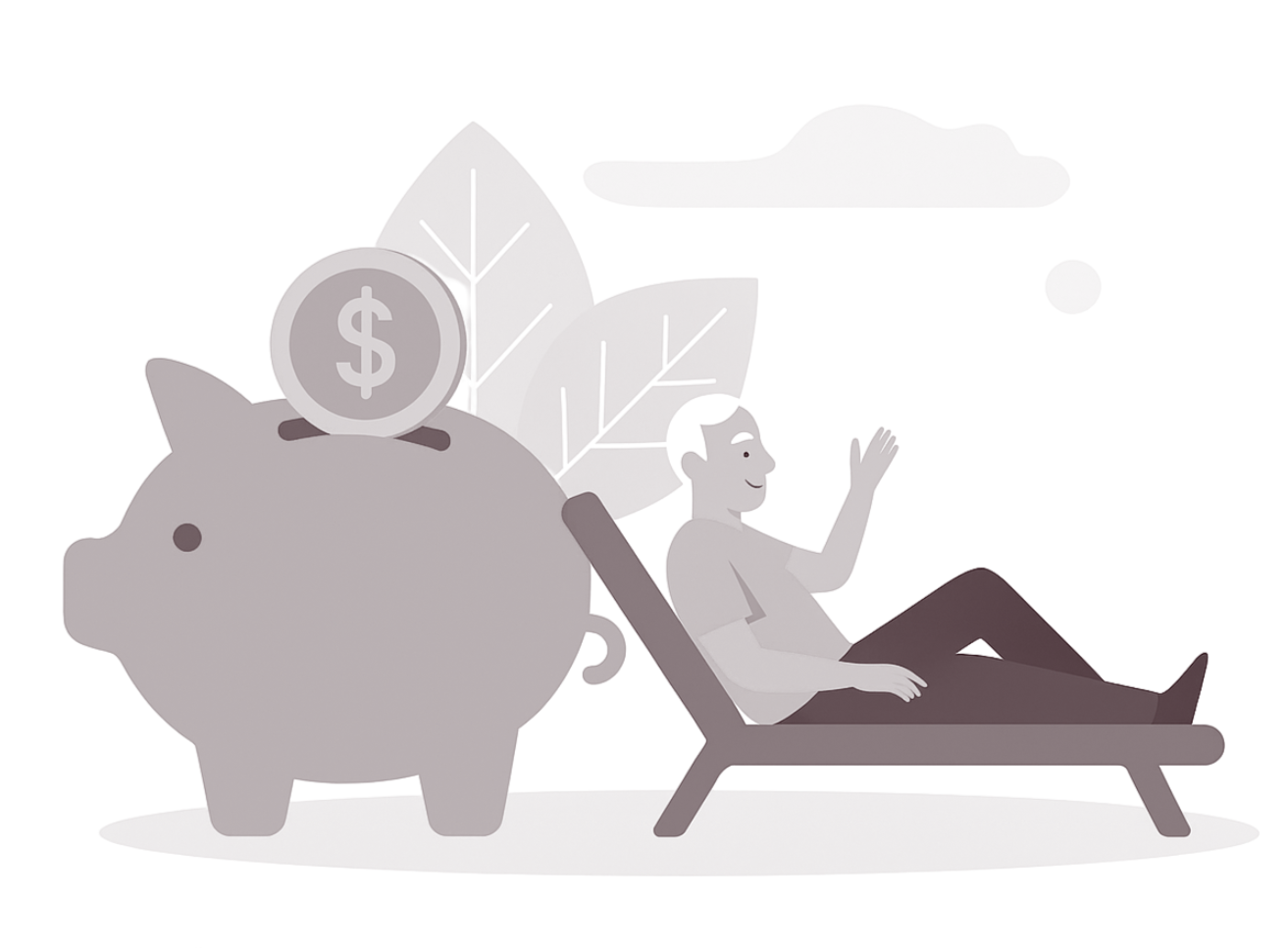 Person relaxing on a lounge chair with a large piggy bank and a dollar coin in a nature setting.