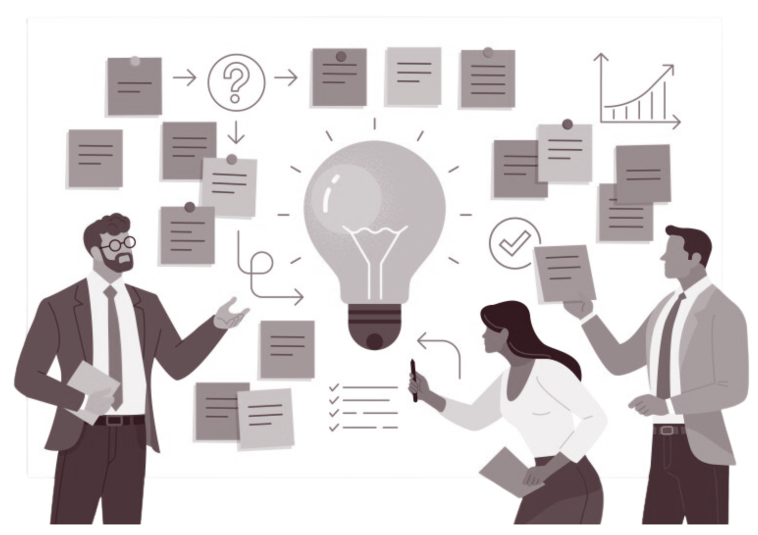 Three professionals discussing ideas around a giant light bulb with various charts, documents, and graphs in the background.