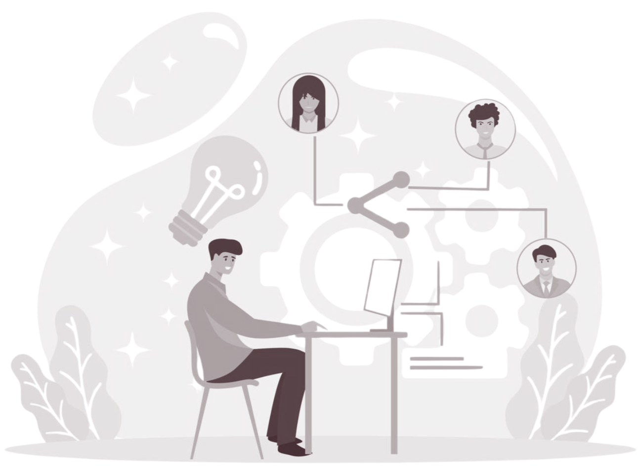 A grayscale illustration of a person working at a computer with a lightbulb above, connected to three different people through lines, representing collaboration or communication.