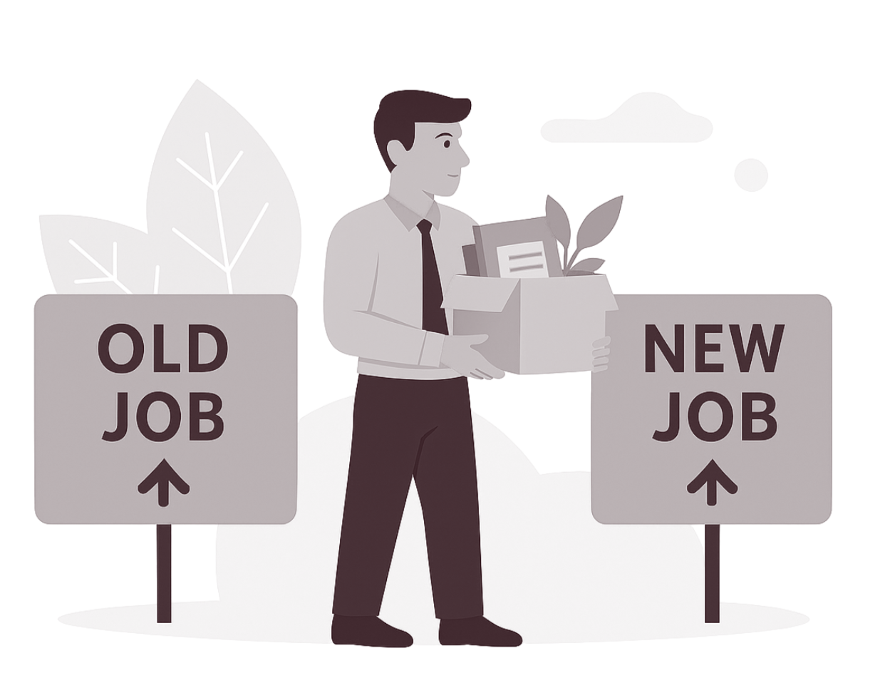 Man holding a box of belongings between signs indicating old job and new job.