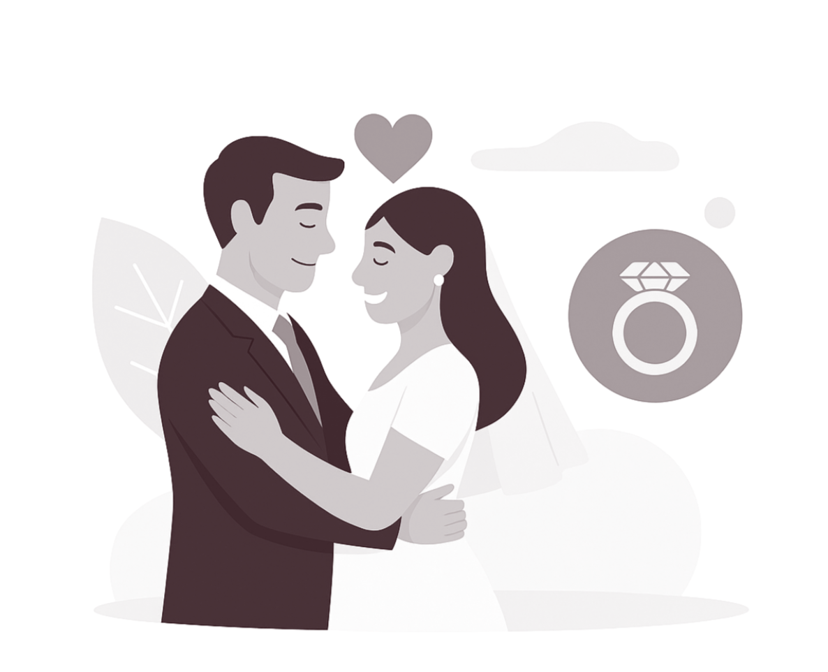 Black-and-white illustration of a couple in wedding attire embracing, with a wedding ring icon and a heart symbol above them.