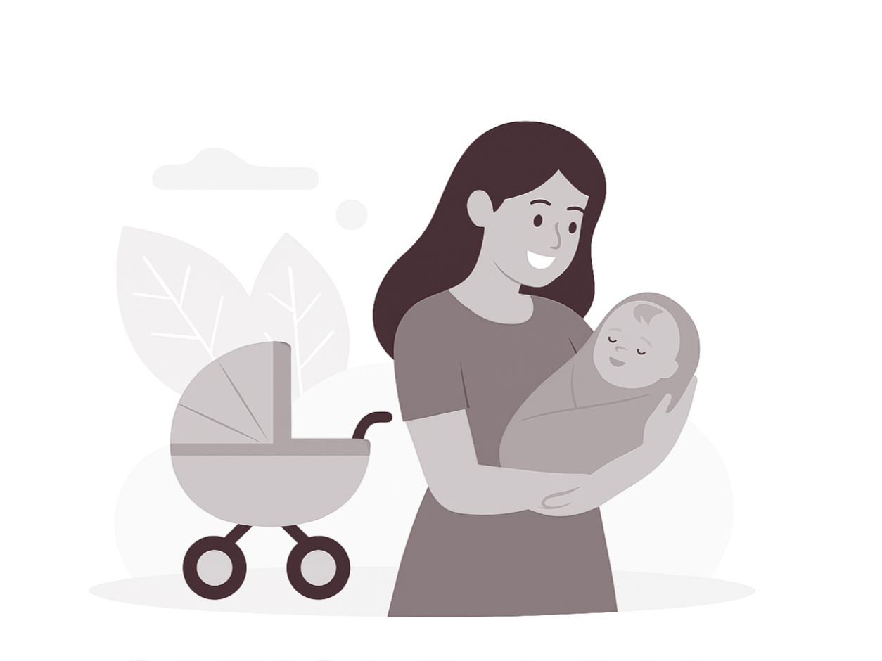 Illustration of a woman holding a smiling baby wrapped in a blanket, with a stroller and leaves in the background.