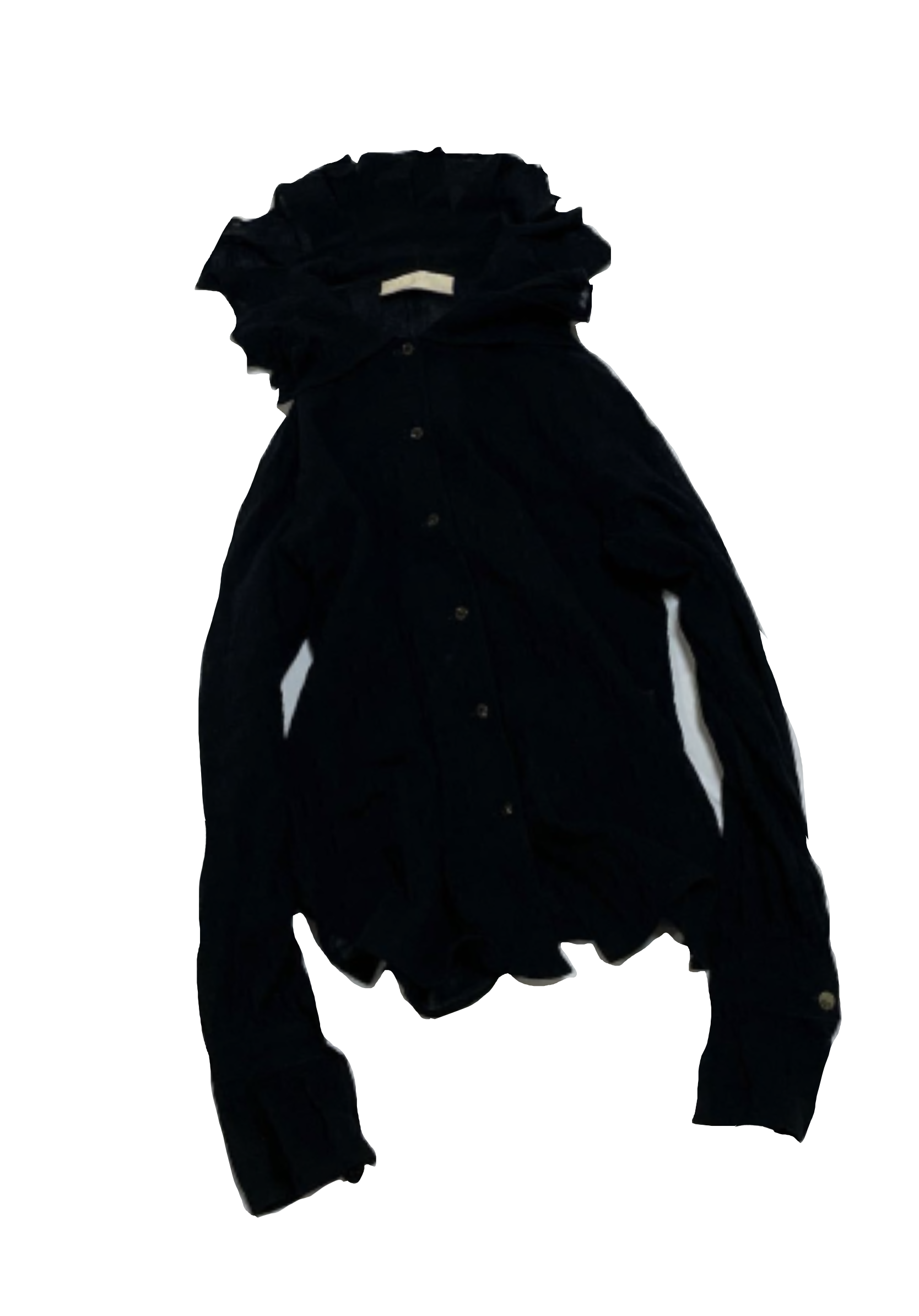 Black long-sleeve button-up shirt and black pants laid flat.