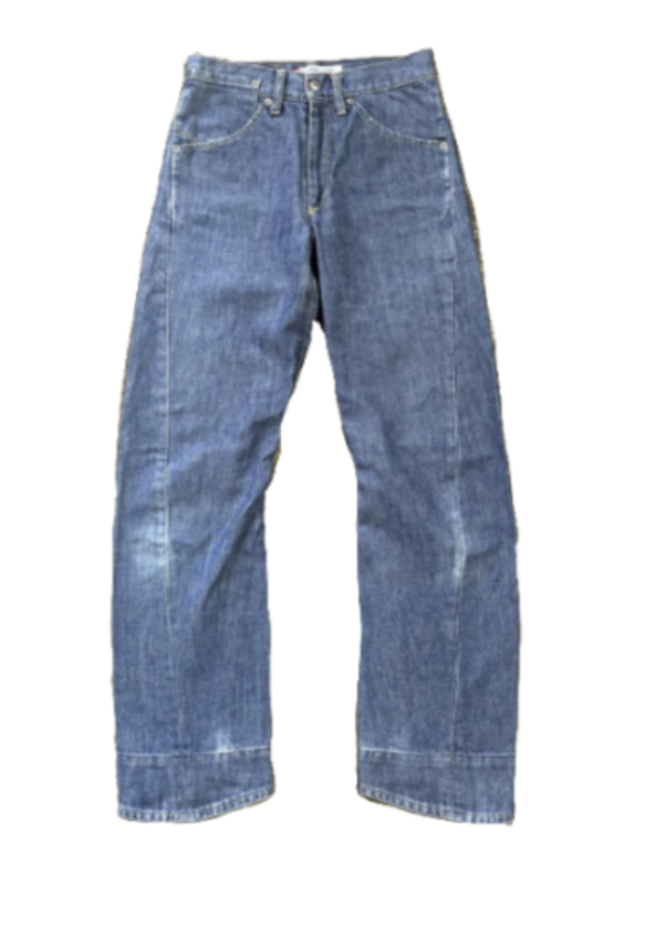 A pair of blue denim jeans with a relaxed fit, front pockets, and a zipper fly, displayed against a plain background.