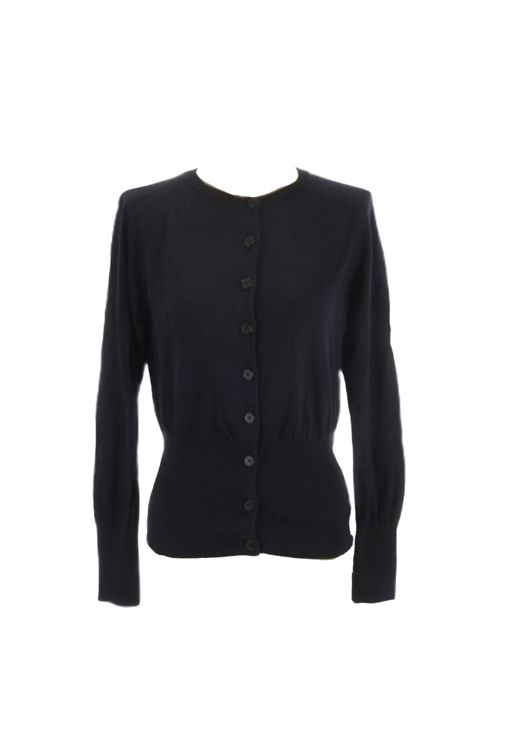 Black long-sleeve button-up sweater with a round neckline displayed on a mannequin.