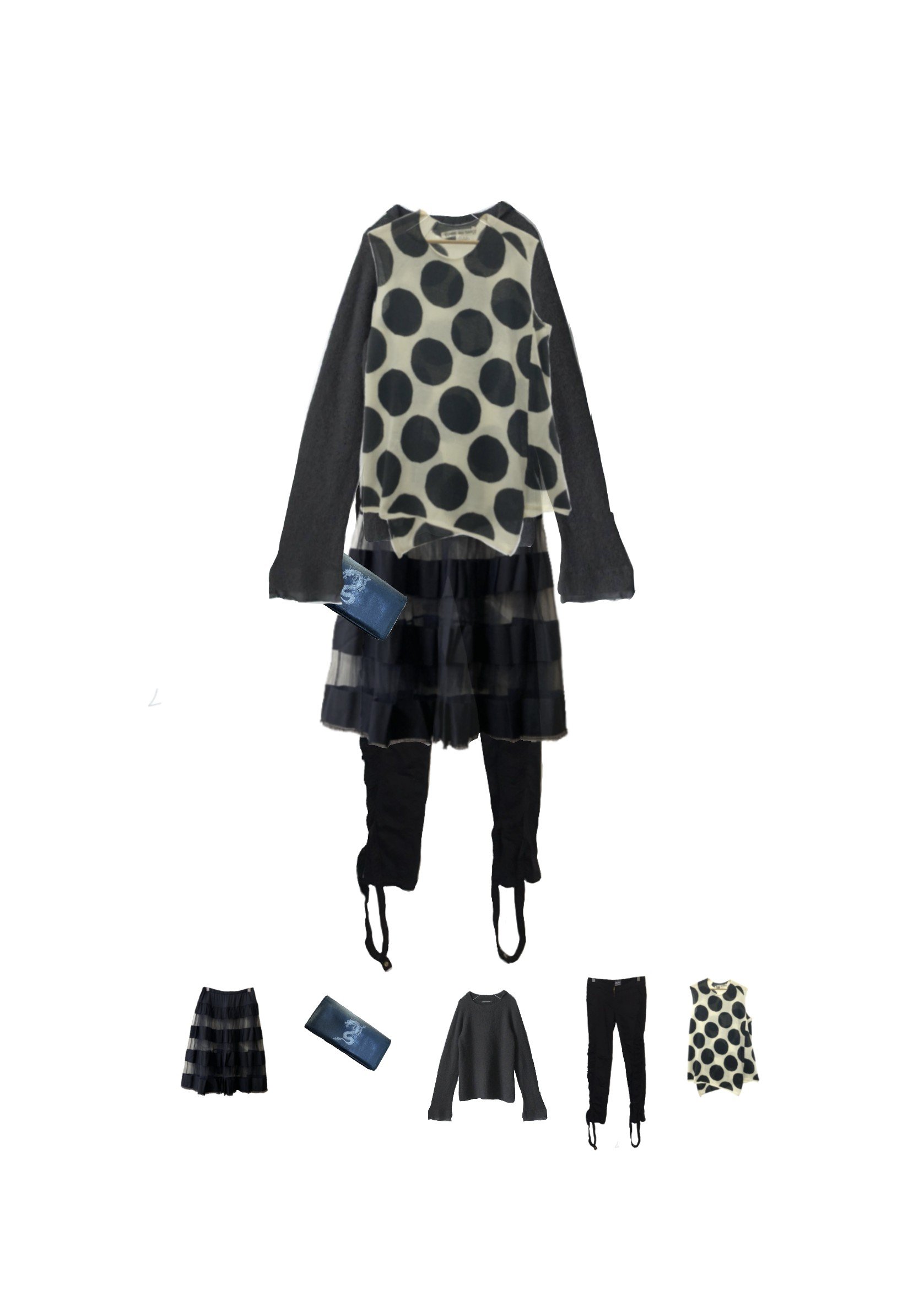 clothing items including a polka dot sleeveless top, long sleeve black shirt, black pants, tulle skirt, and a phone in hand, displayed against a white background.