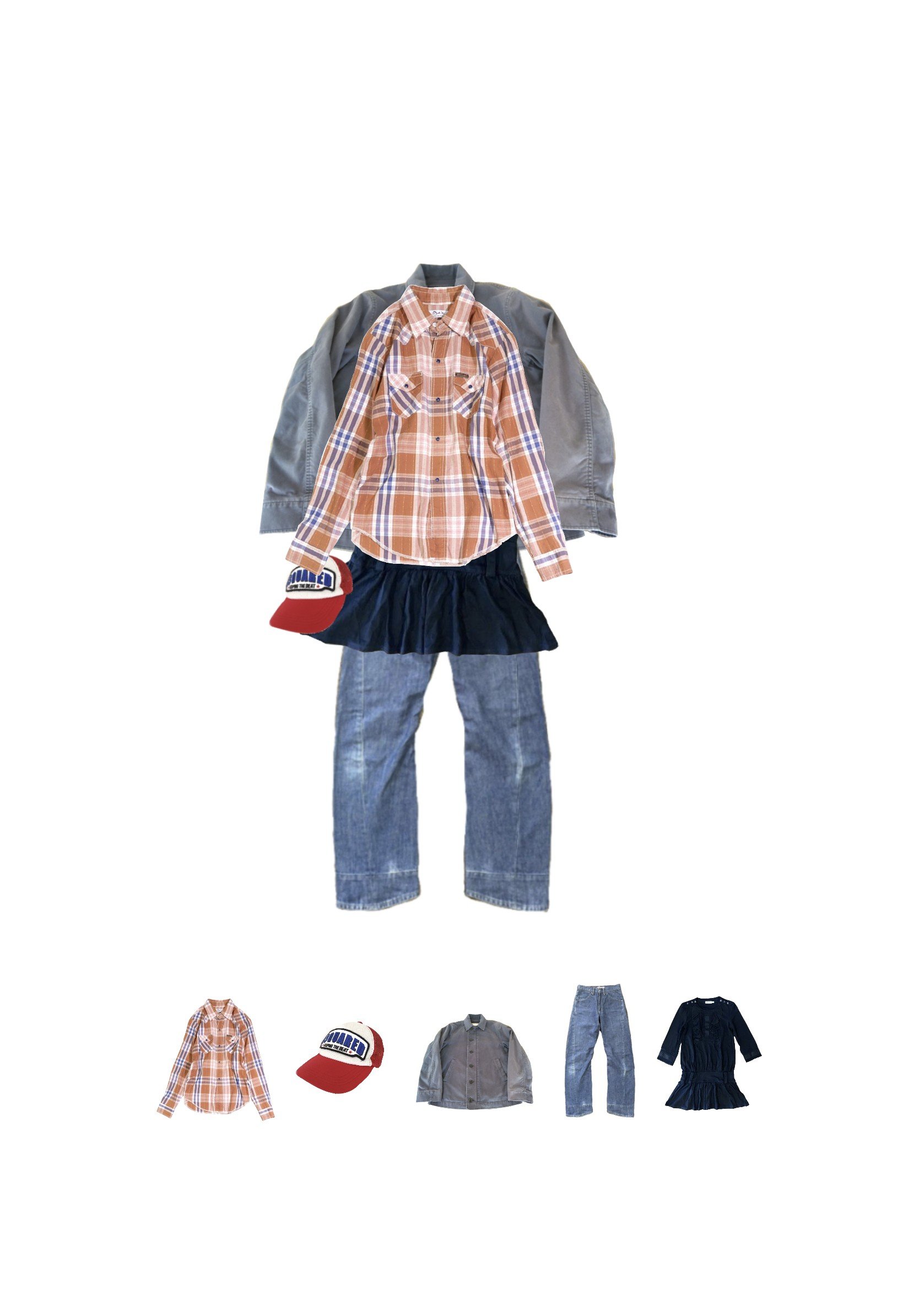 Casual clothing and accessories displayed on a white background, including a plaid shirt, a gray jacket, a black dress, a baseball cap, a gray shirt, and denim jeans.
