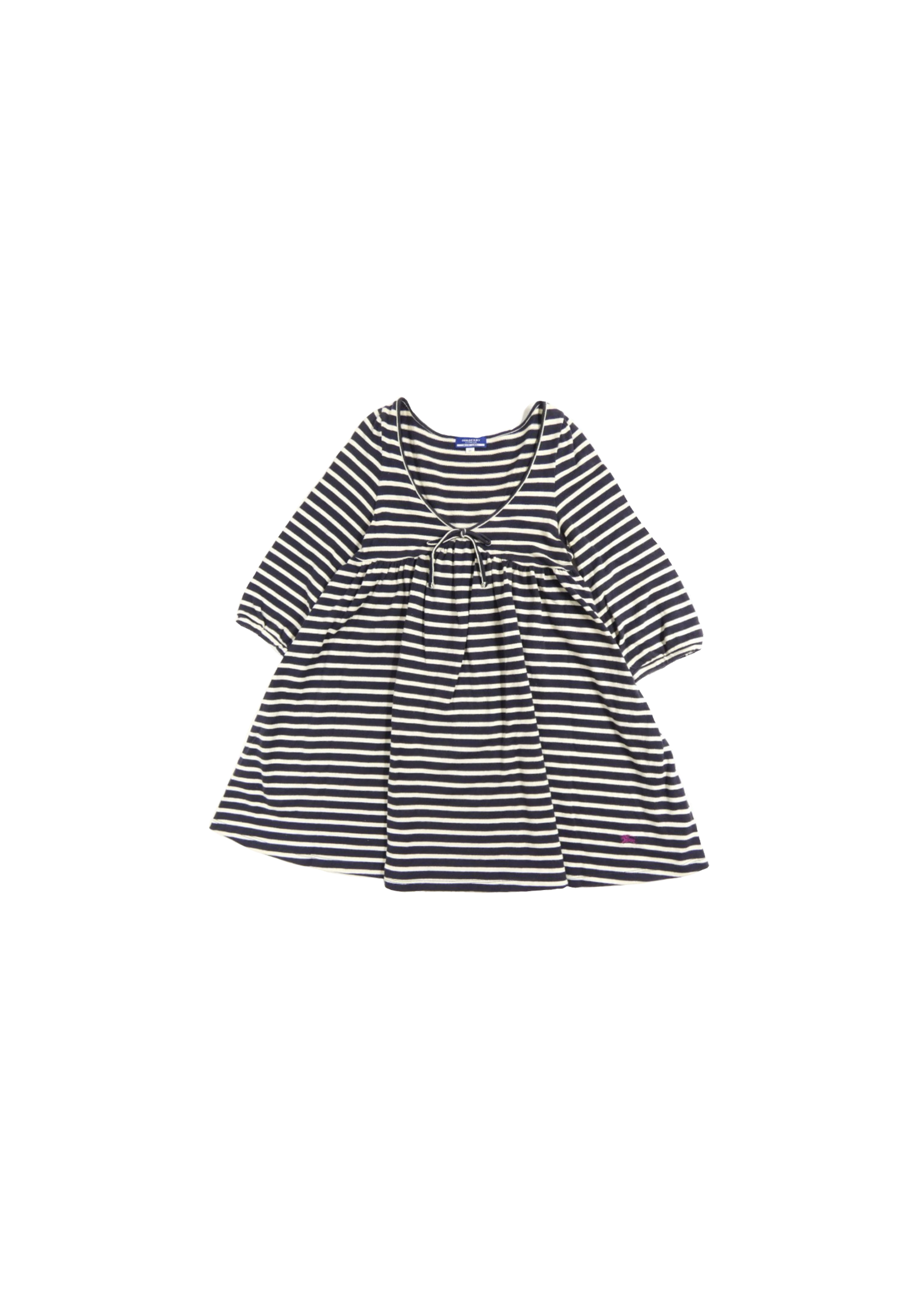 A black and white striped dress with long sleeves and a waist tie, displayed against a white background.