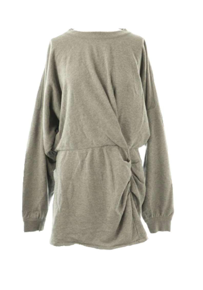 Gray oversized sweatshirt or dress with long sleeves and a knot detail on the front, made of soft fabric, with a plain background.