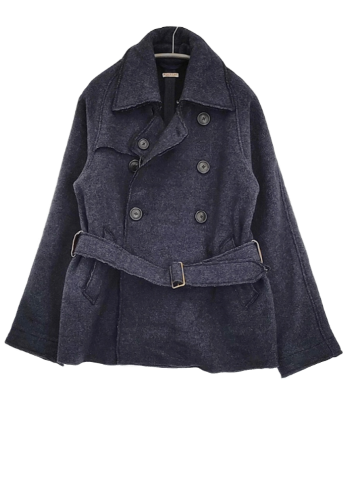 A dark blue or navy wool coat with double-breasted buttons and a belt.
