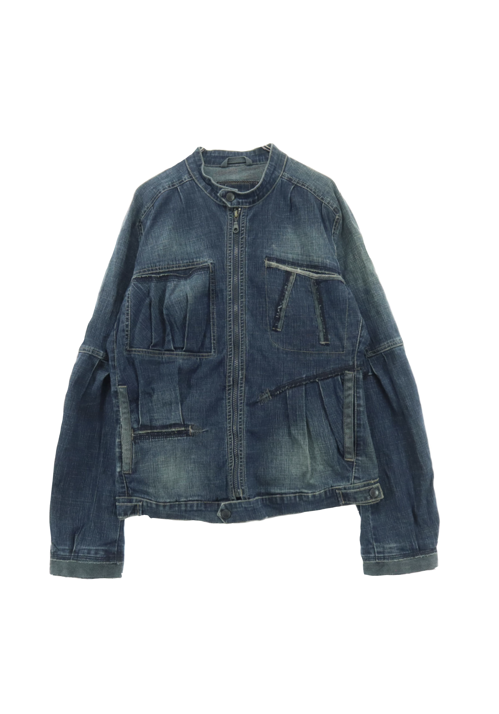 A denim jacket and jeans laid flat against a black background.