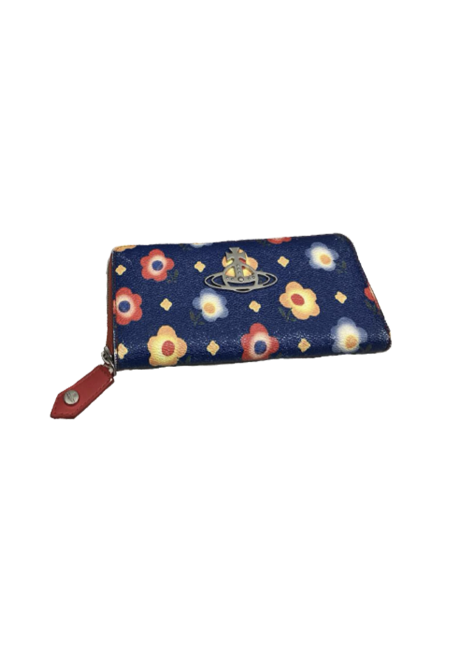 A navy blue wallet with colorful flower patterns and a metallic emblem of a spaceship with rings, featuring a red zipper pull.