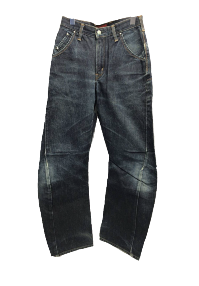 Pair of blue denim jeans hanging on a display rack.