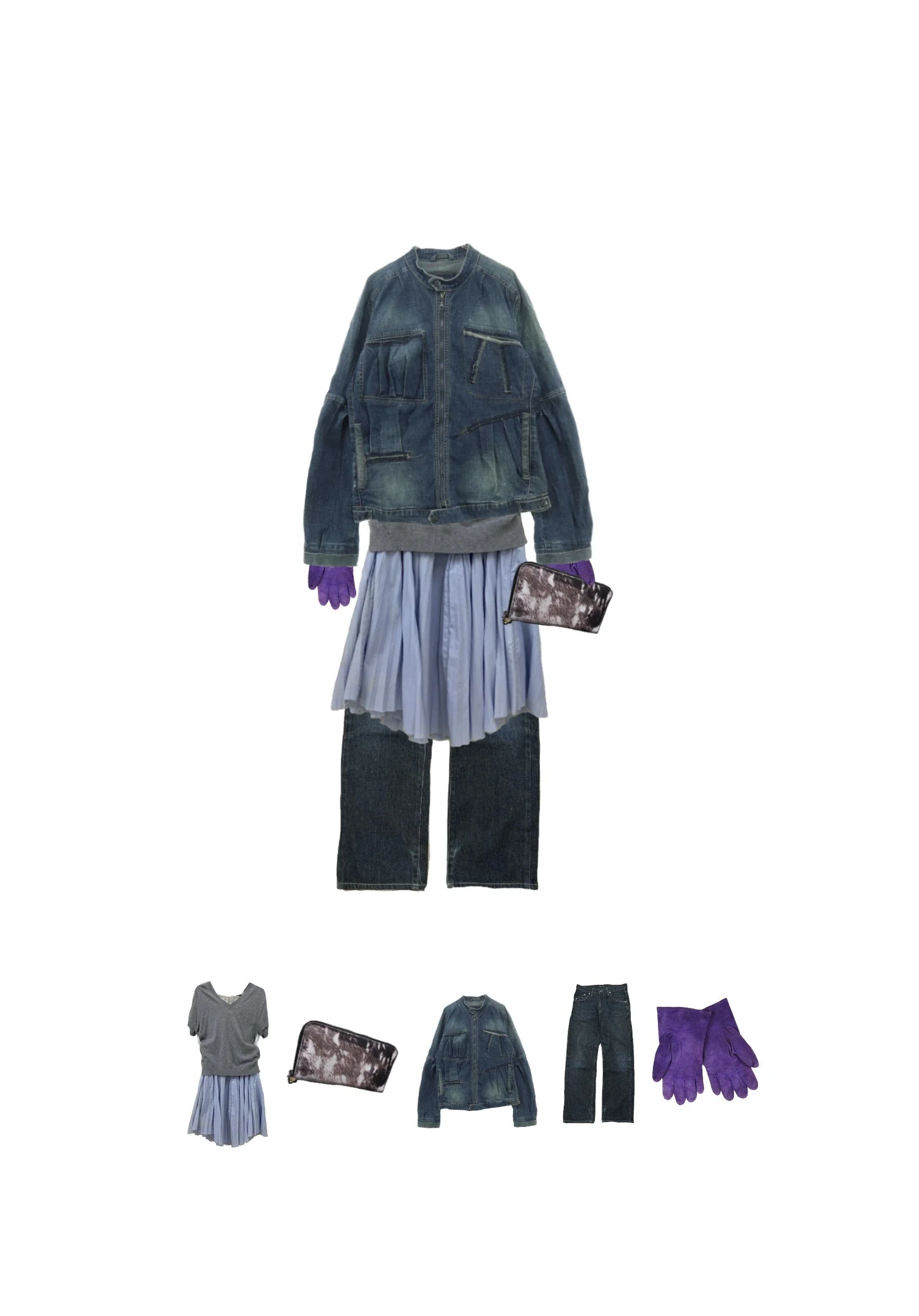 A collection of clothing and accessories including a gray top, a purple pair of gloves, a handbag with a white and purple pattern, a denim jacket, a pleated light blue skirt, a pair of black jeans, and a purple jacket.