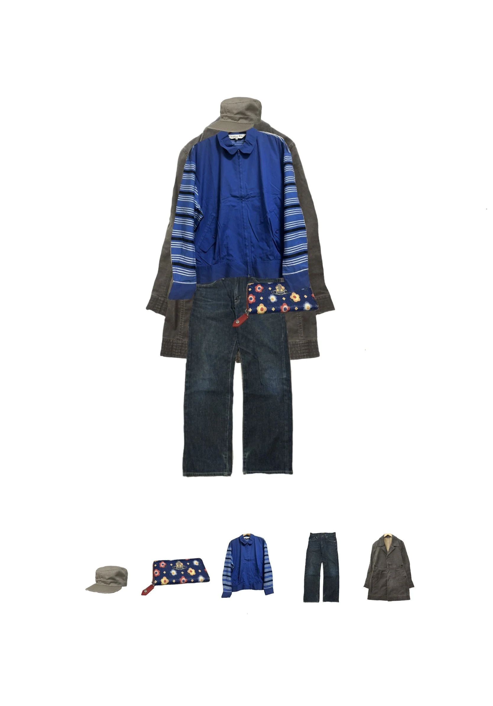 Clothing items and accessories laid out flat, including a beige cap, a floral clutch, a blue jacket, dark blue jeans, and a brown coat.