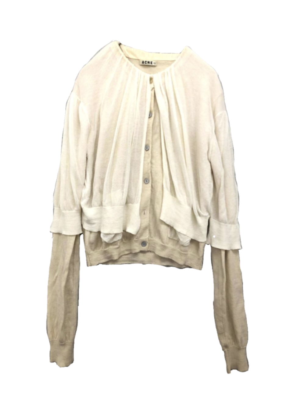 Cream-colored layered cardigan with buttons and pleats from Acne.